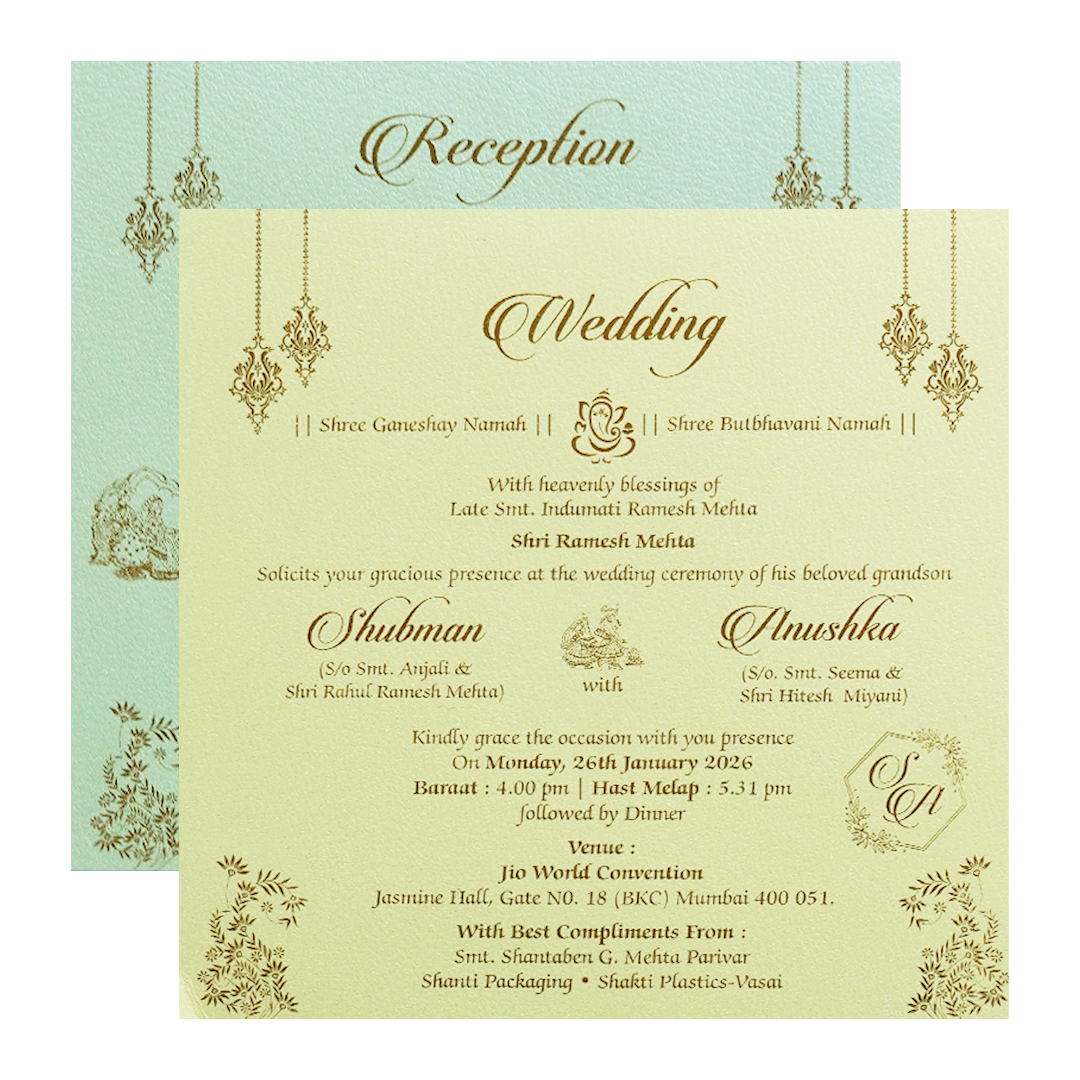 Pista Green Padded Embossed Floral Wedding Invitation Card-KRB09571