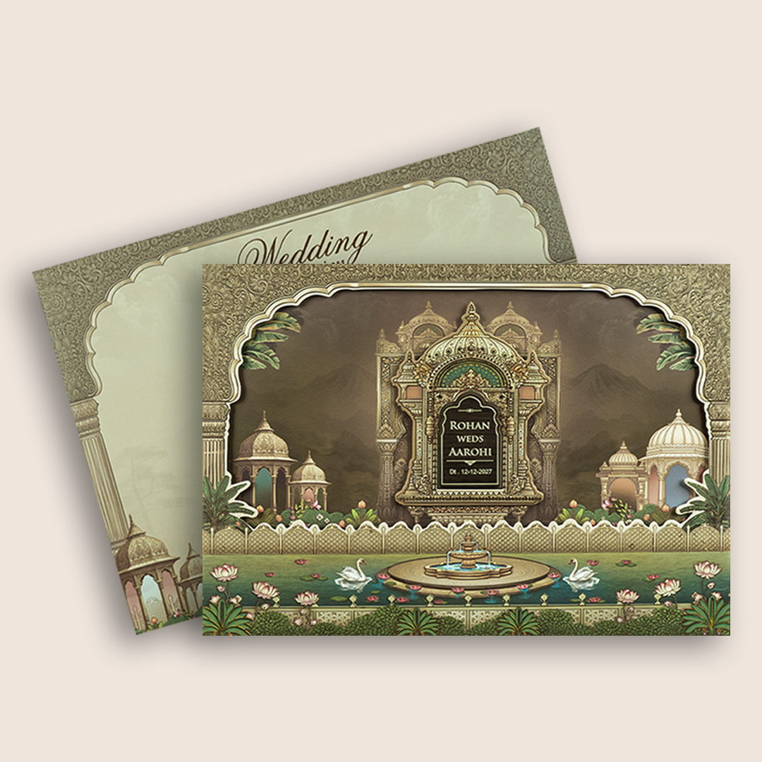 Pale Brown Jharokha Padded Wedding Invitation Card - KSH18250