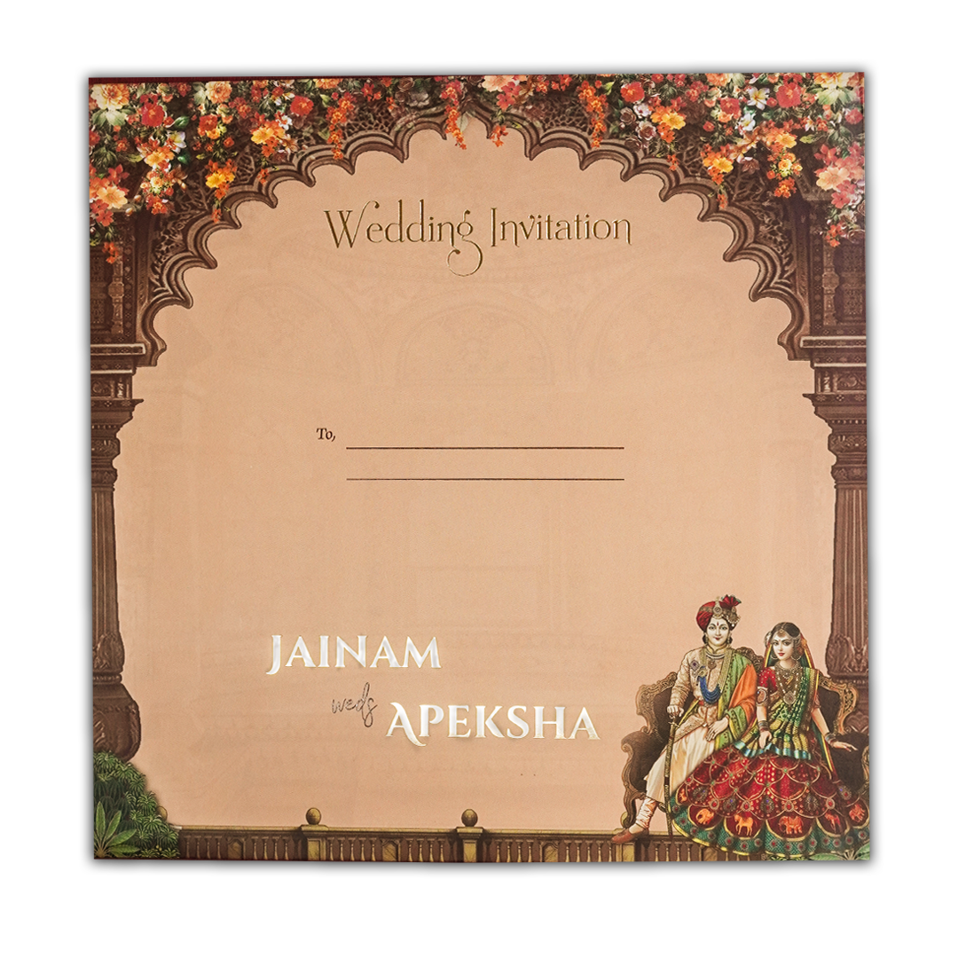 Brown Royal Couple Palace Padded Wedding Card-KSH72630