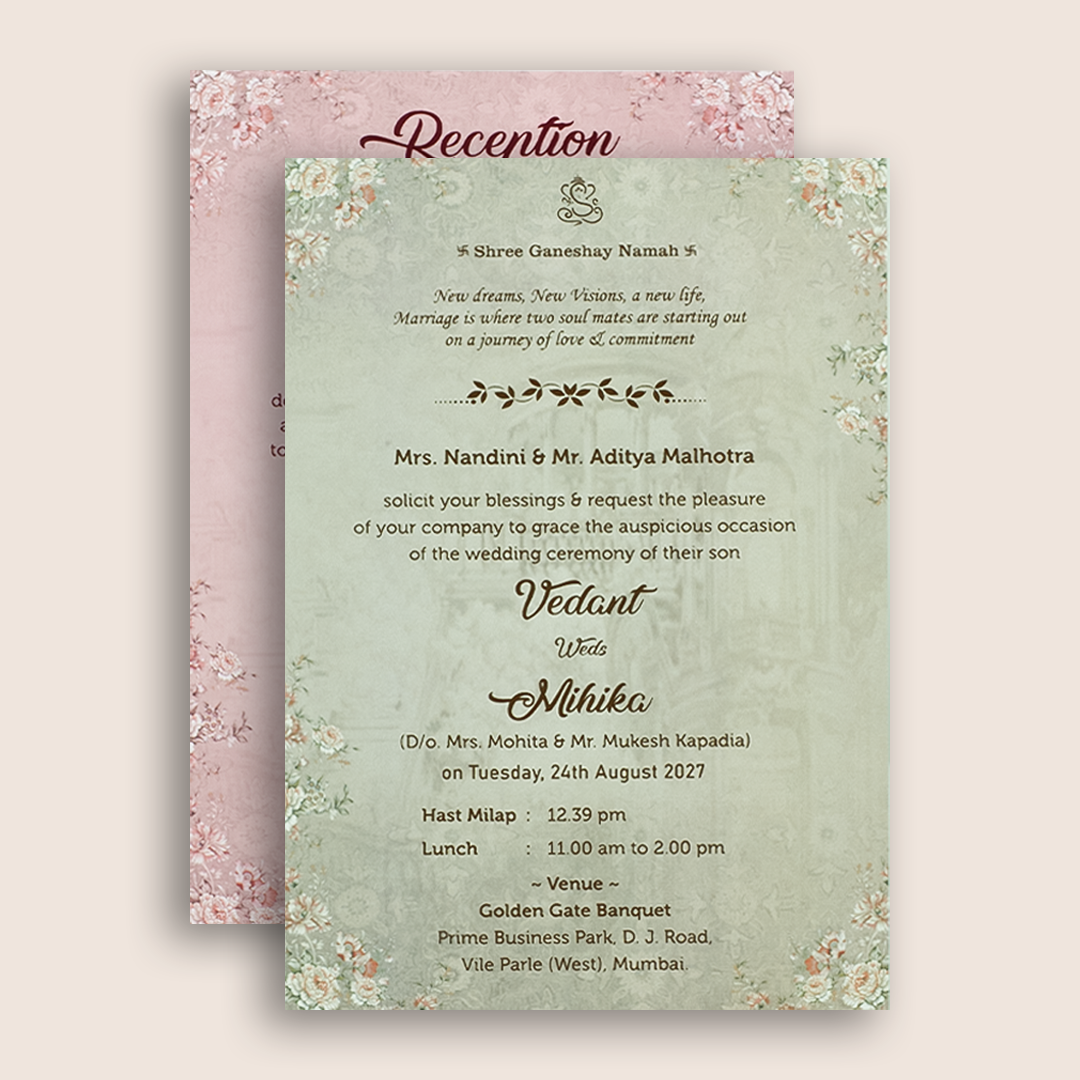 Blush Pink Floral Padded Door Style Wedding Card - KVN07080