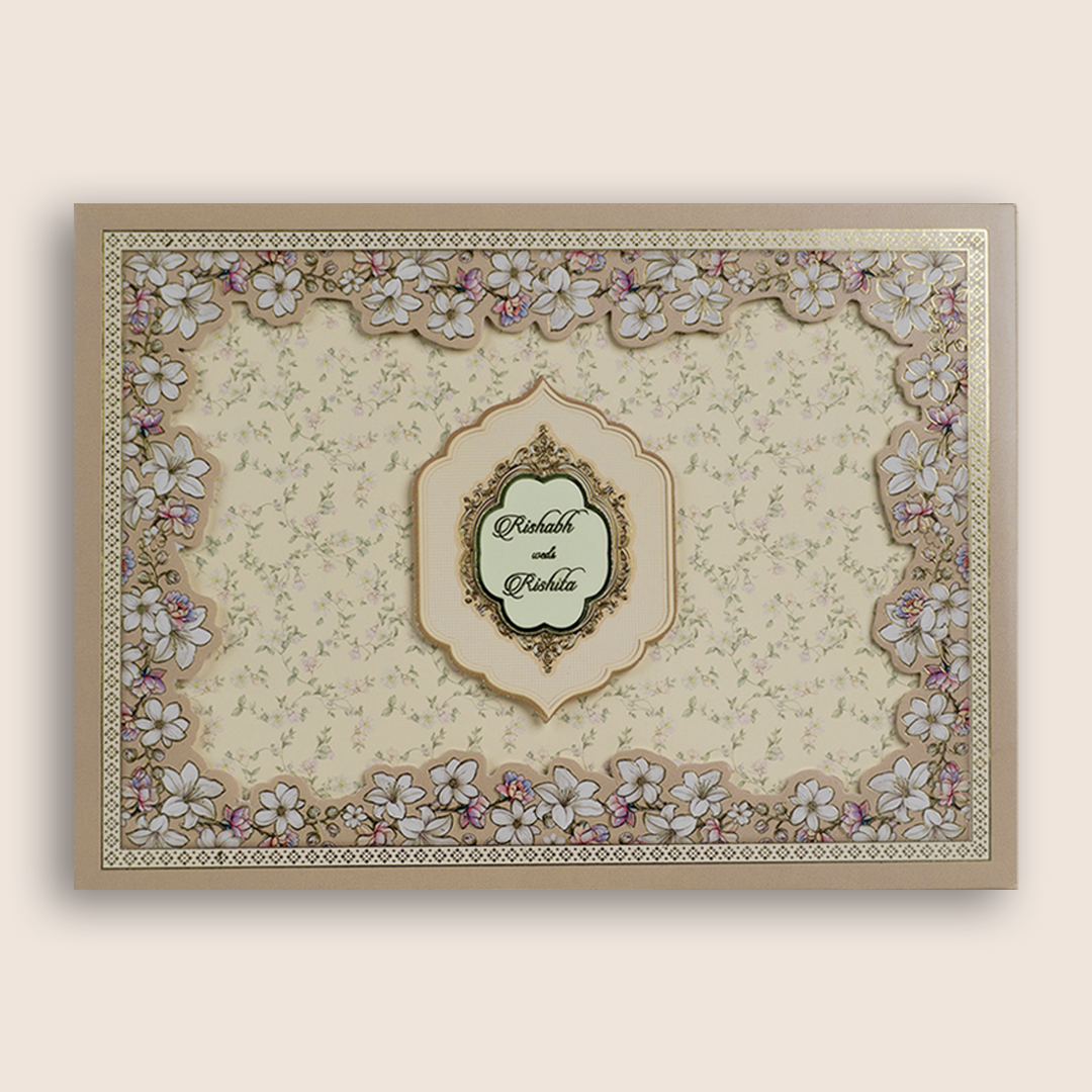 Beige Floral Laser Cut Wedding Card - KAA05990