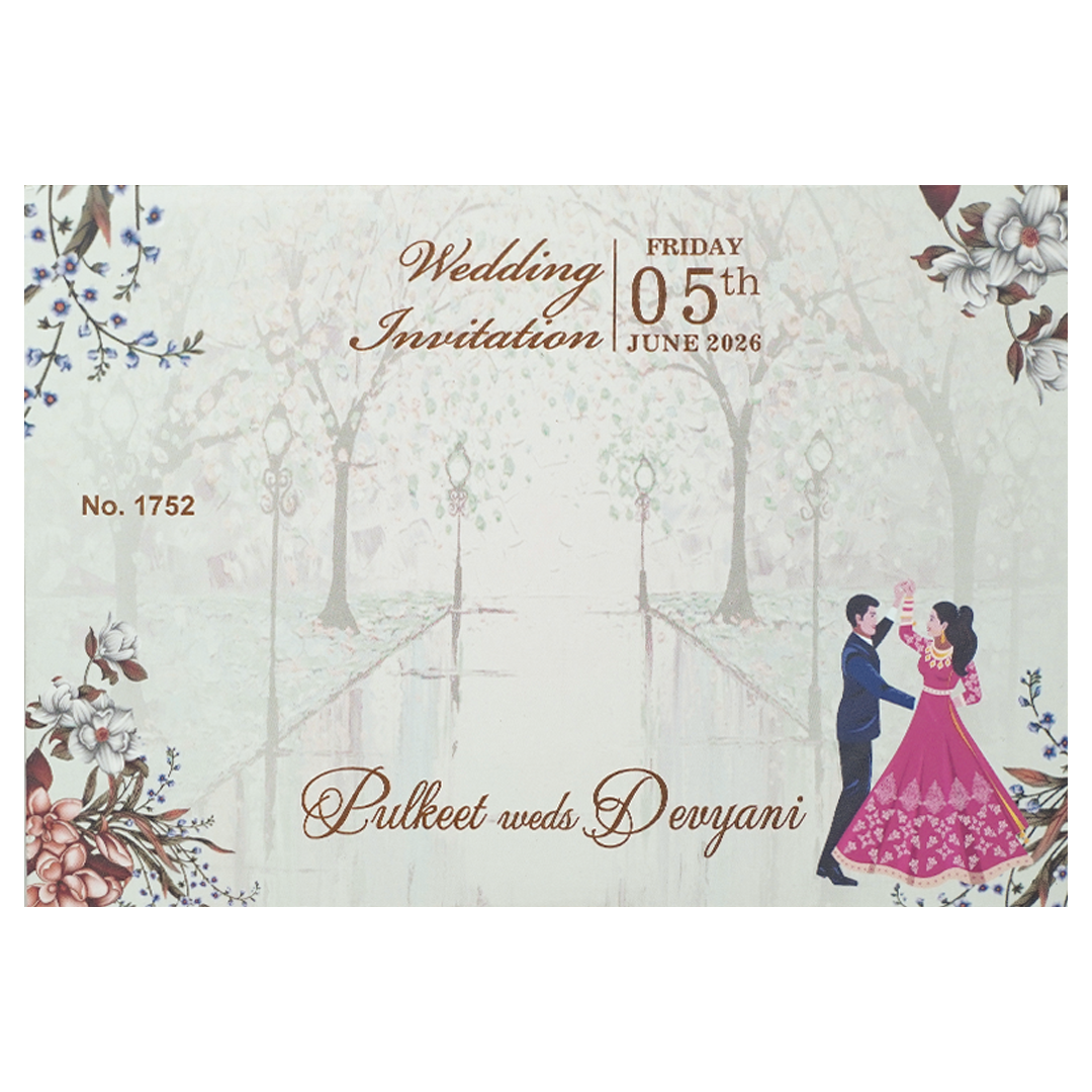 Grey Couple Dance Floral Padded Wedding Card-KJTS1752