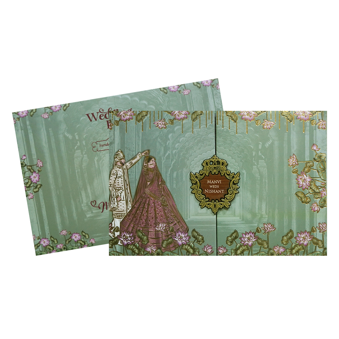 Royal Couple Lotus Arch Padded Wedding Card - KVN07370