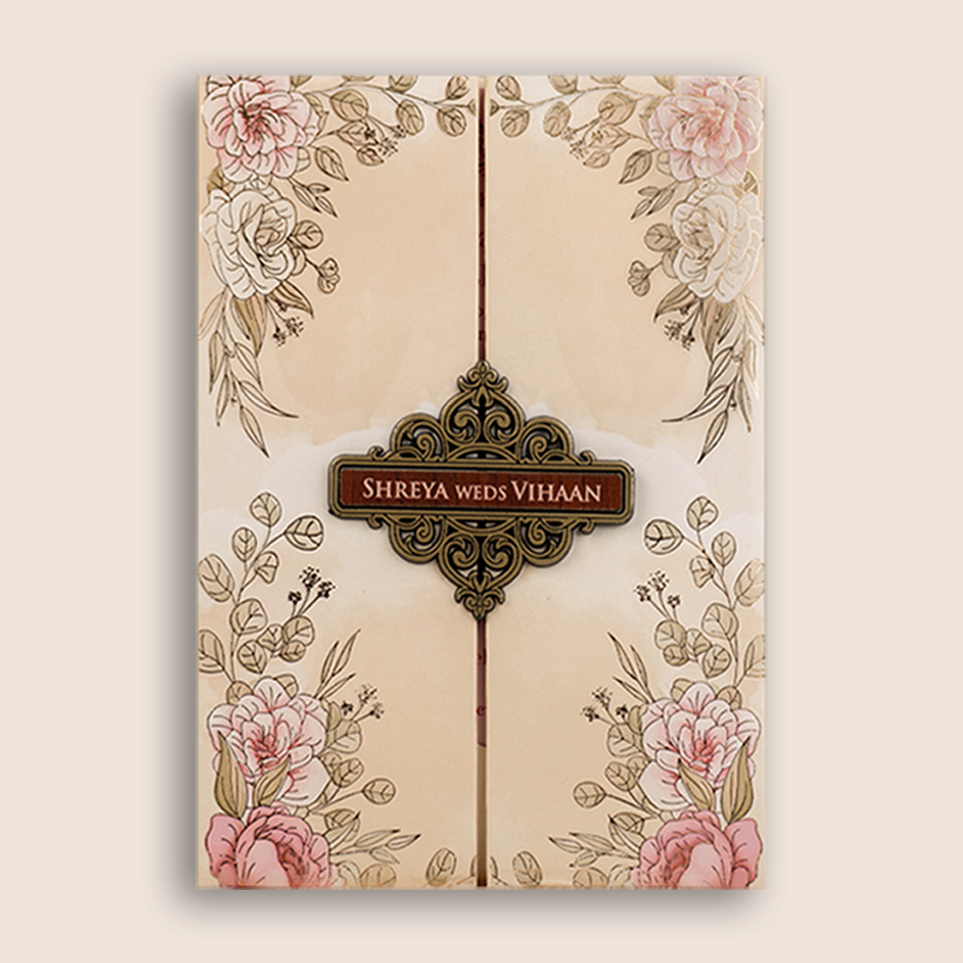 Cream Floral Padded Door Style Marriage Invitation - KVN05650
