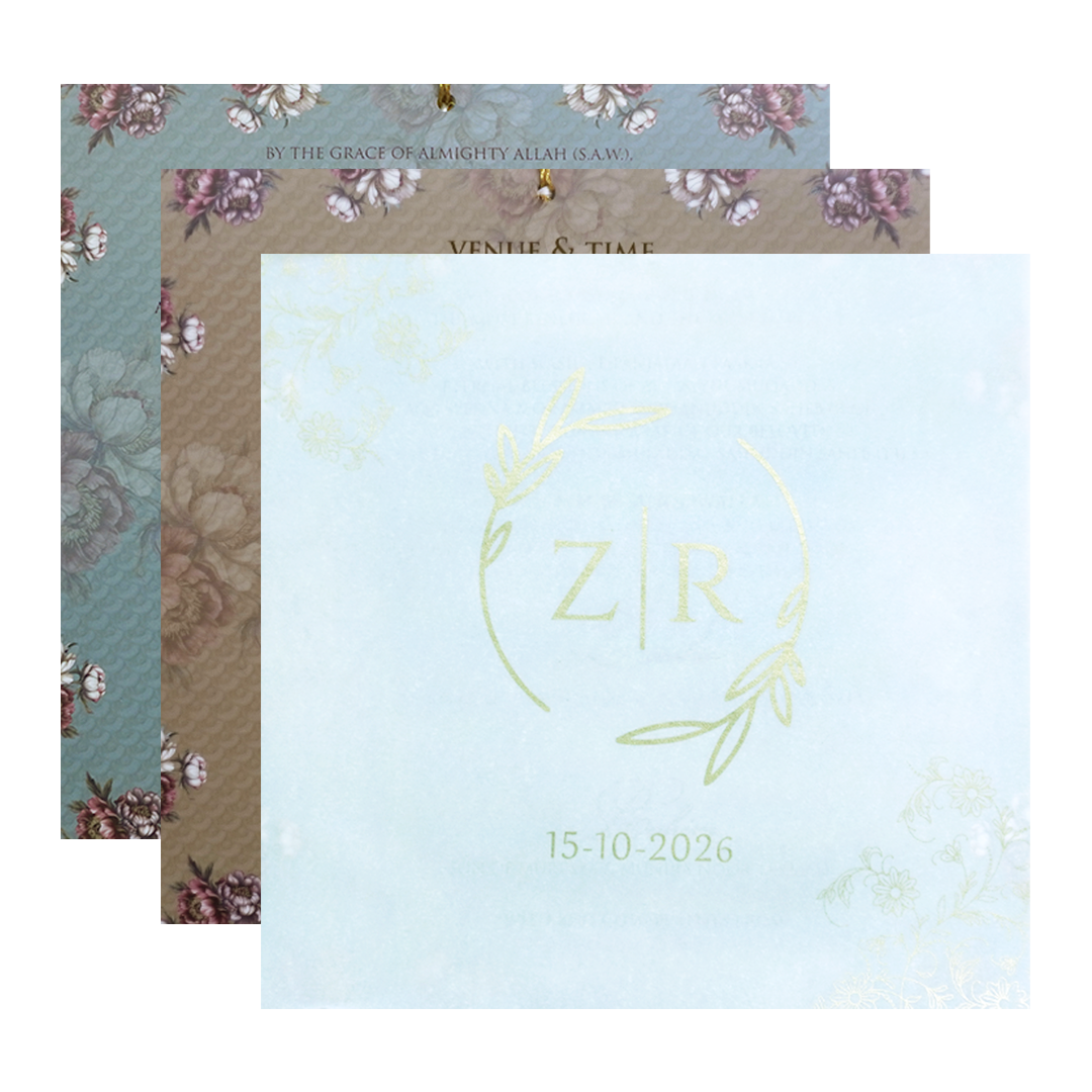 Green Floral Golden Wood Acrylic Padded Wedding Card - KVN07520