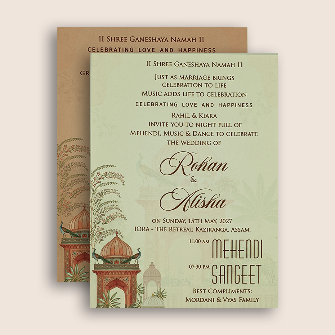 Peach Elephant Peacock Door Style Padded Wedding Card - KFR17310