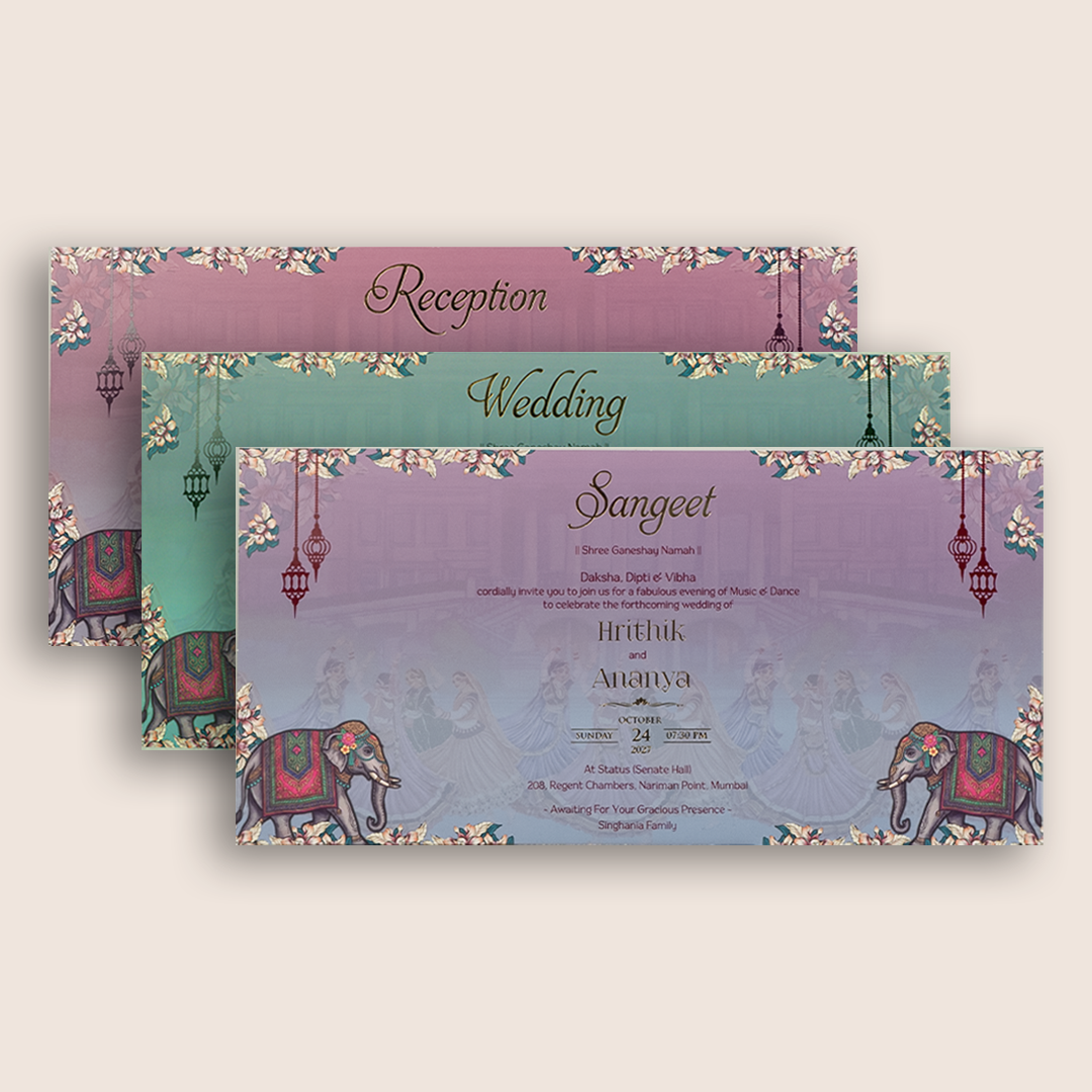 Blue Floral Embossed Elephant Padded Wedding Invitation- KVN07820