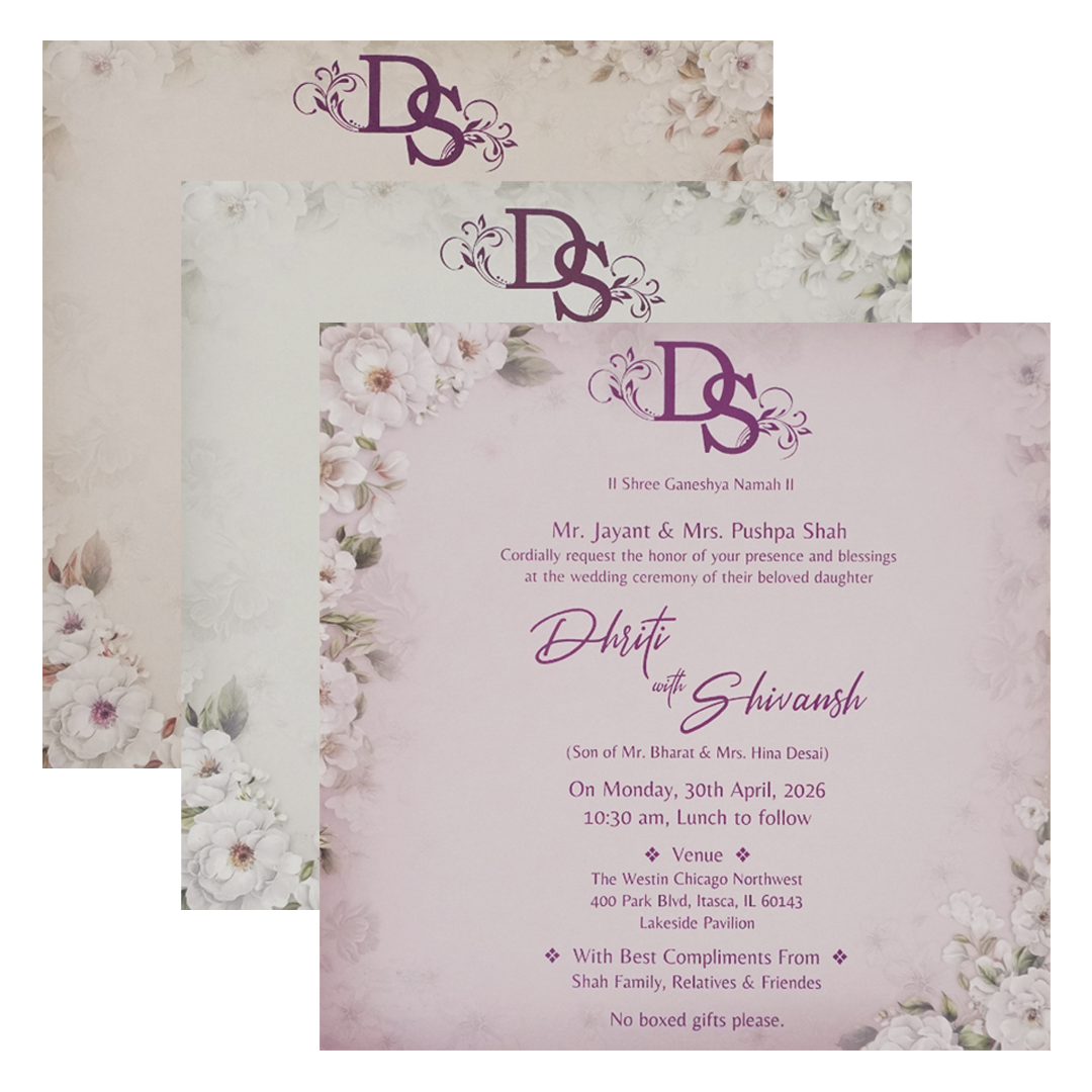 Grey Floral Padded Wedding Card - KSH72790