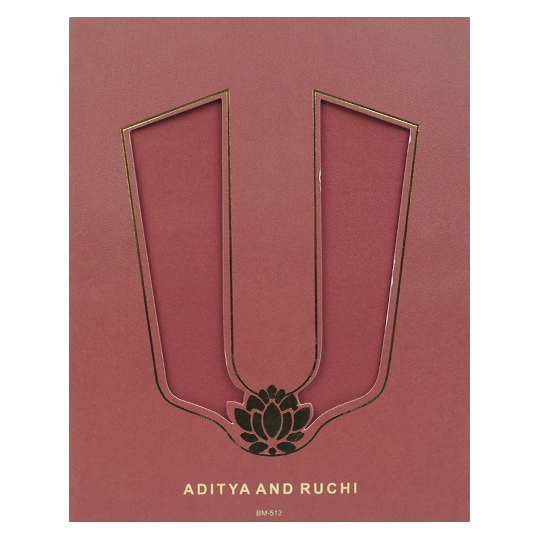 Maroon Gold Vaishnav Tilak Padded Wedding Card-KBM05120