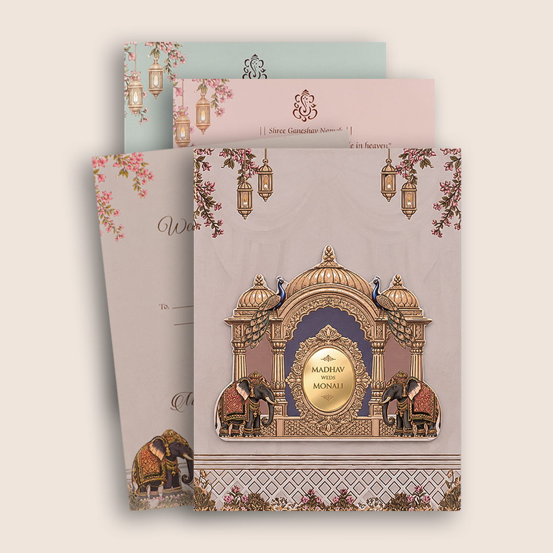Peach Elephant Floral Padded Wedding Card - KJTS3703