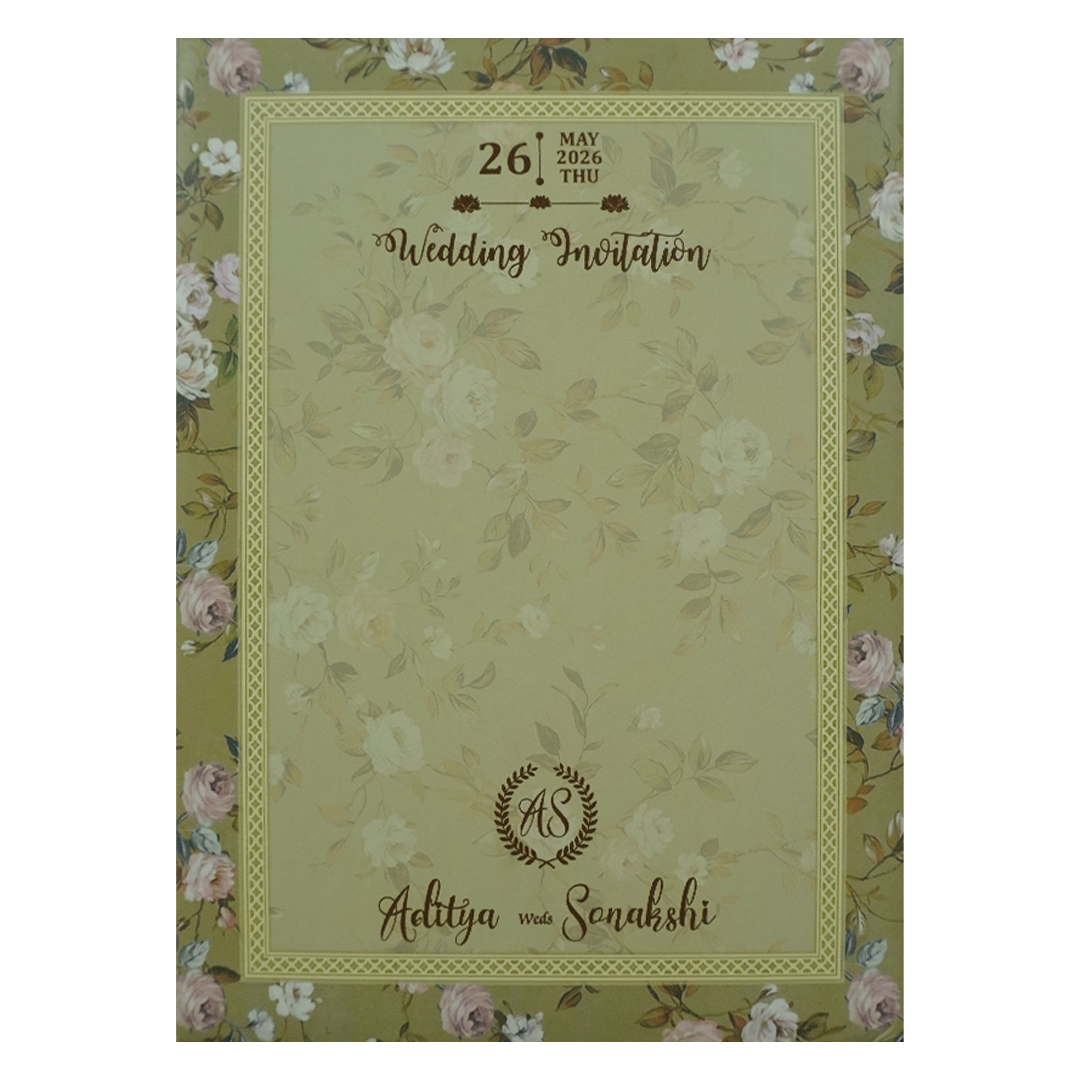 Green Floral Gold Frame Padded Wedding Card-KRE27260