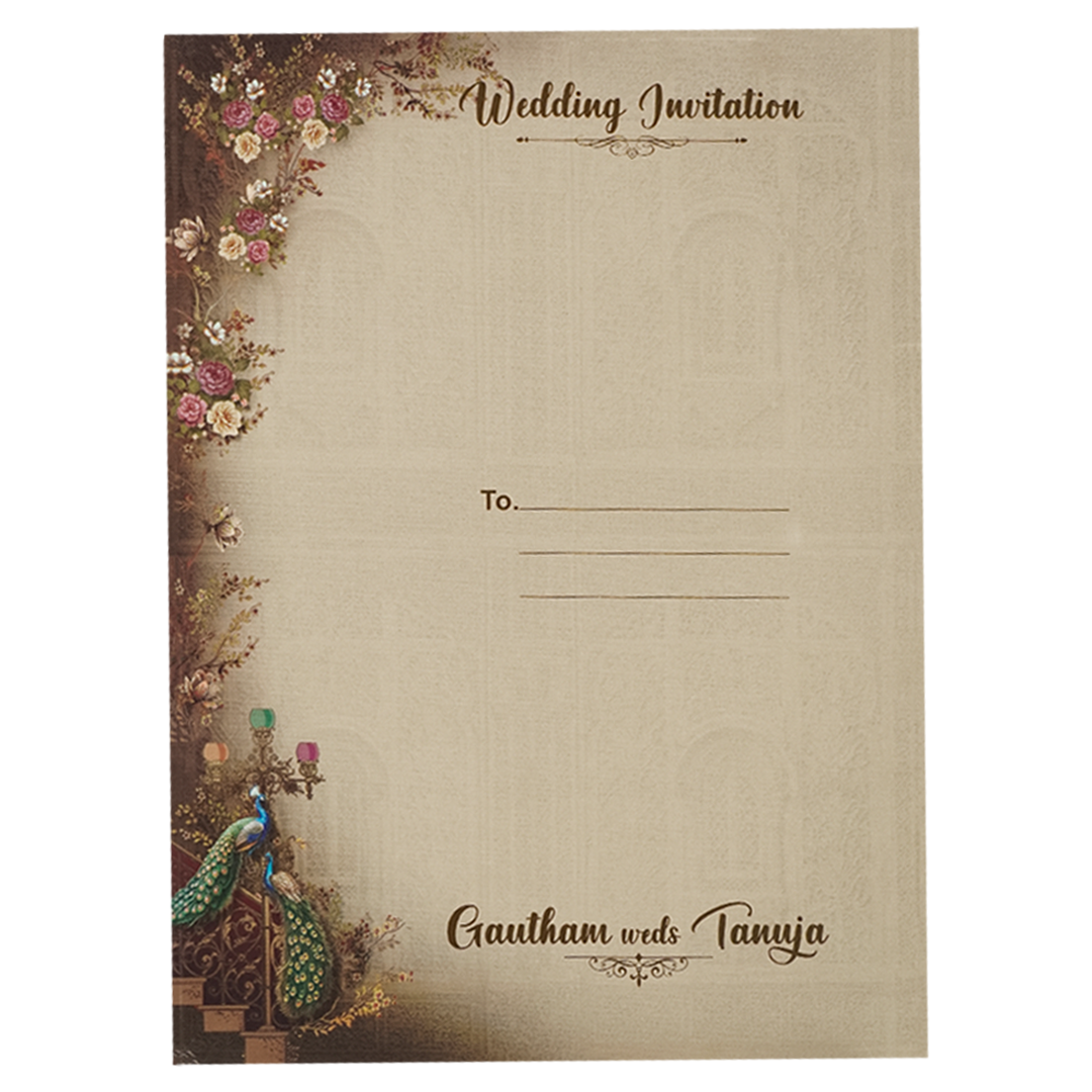 Brown Peacock Mandir Wedding Card-KSI64790