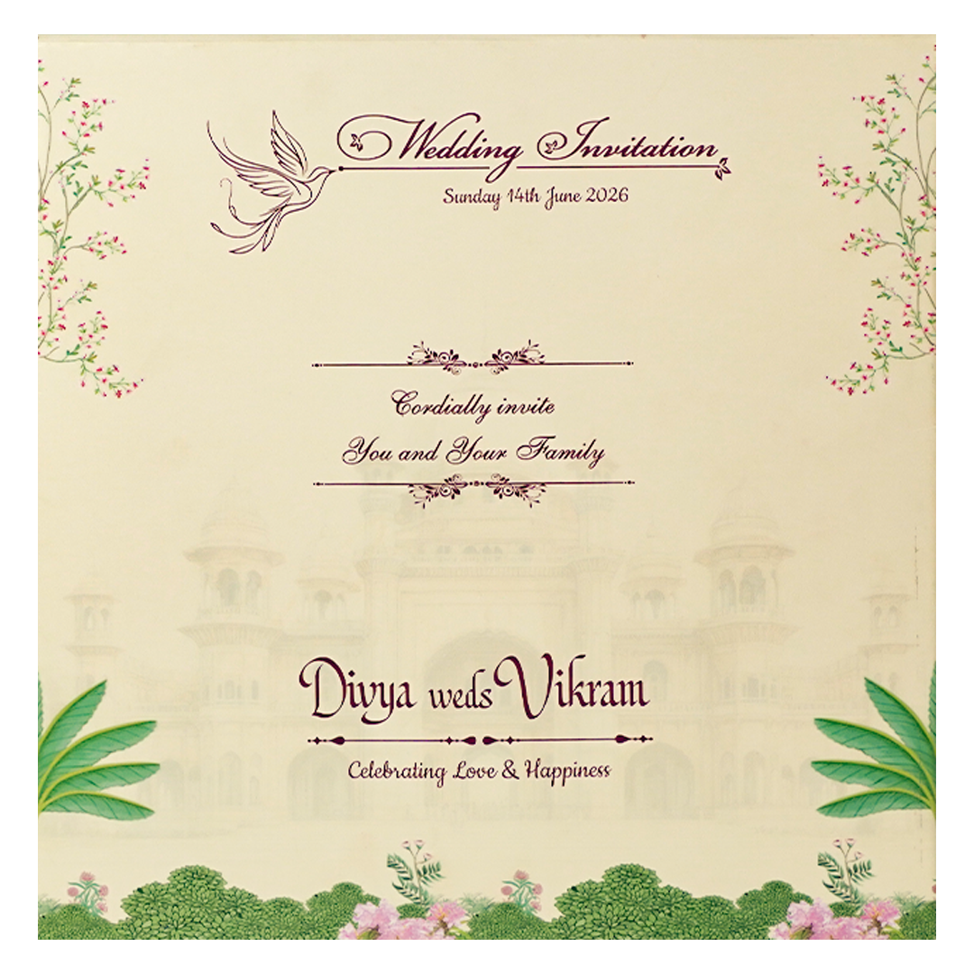 Pink Laser-Cut Floral Peacock Wedding Card - KNBS3402