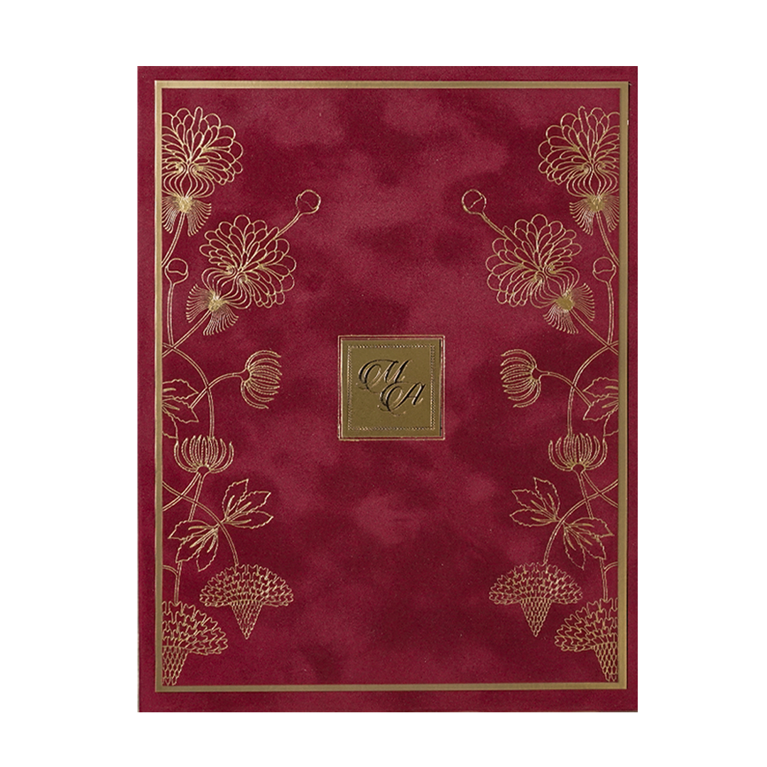 Maroon Floral Padded Wedding Card-KMMWD1156