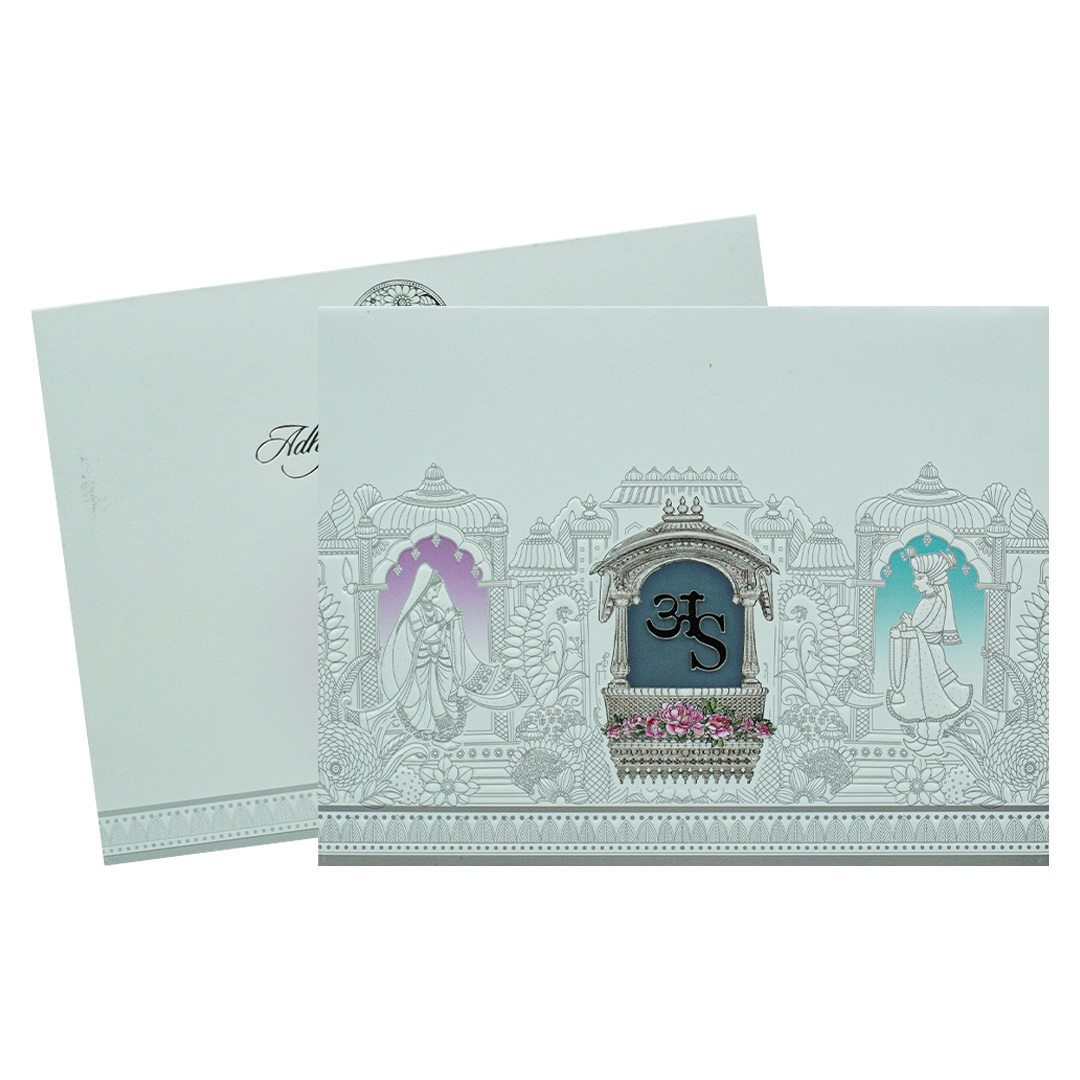 White Padded Floral Bride Groom Wedding Card-KRC31060