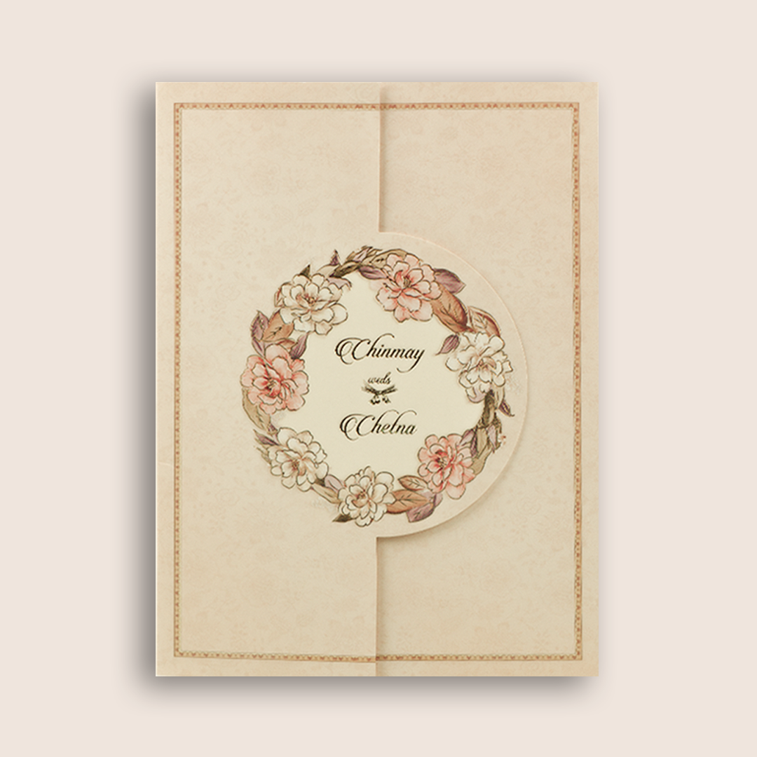 Beige Pink Floral Door Style Wedding Card - KAA06340