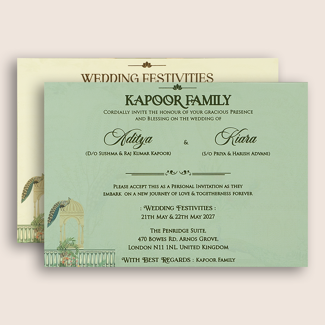 Pastel Green Peacock Door Style Padded Wedding Card - KFR16390