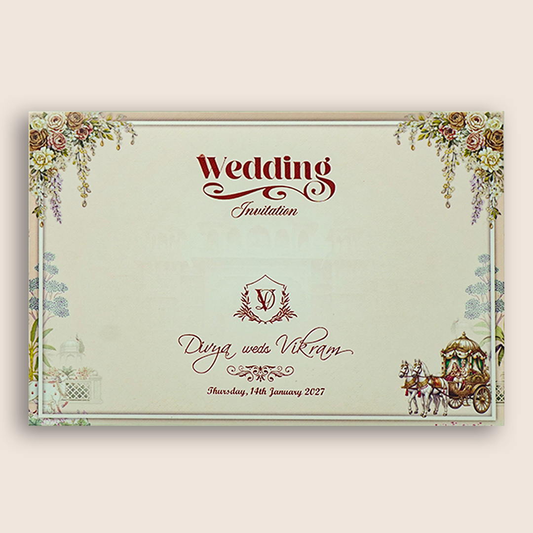 Cream Royal Horse Baraat Wedding Card - KNKT1901C