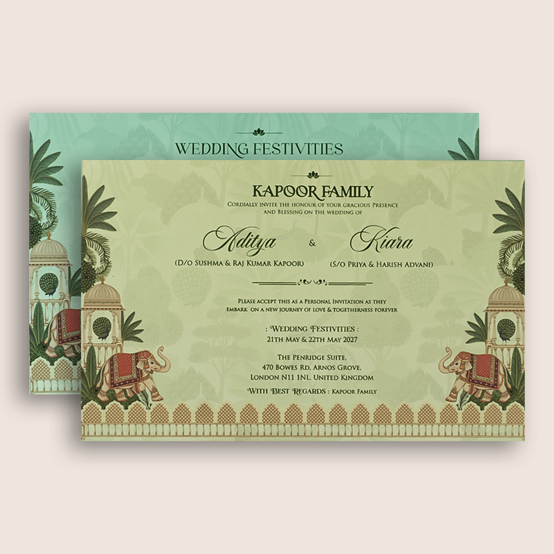 Pastel Green Embosses Elephant Padded Wedding Card - KFR17410