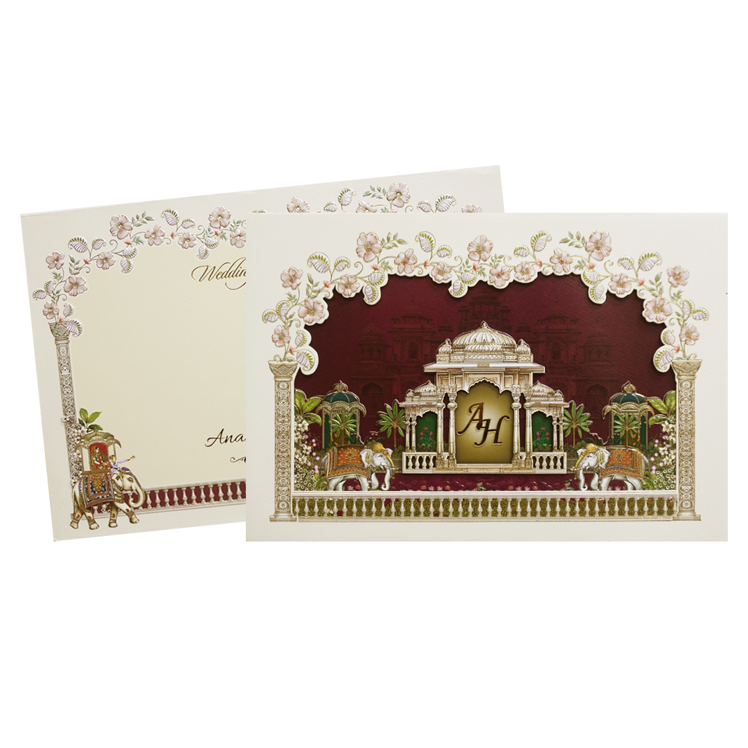 Cream Laser Cut Padded Royal Marriage Ceremony Wedding Card-KMMEX8130