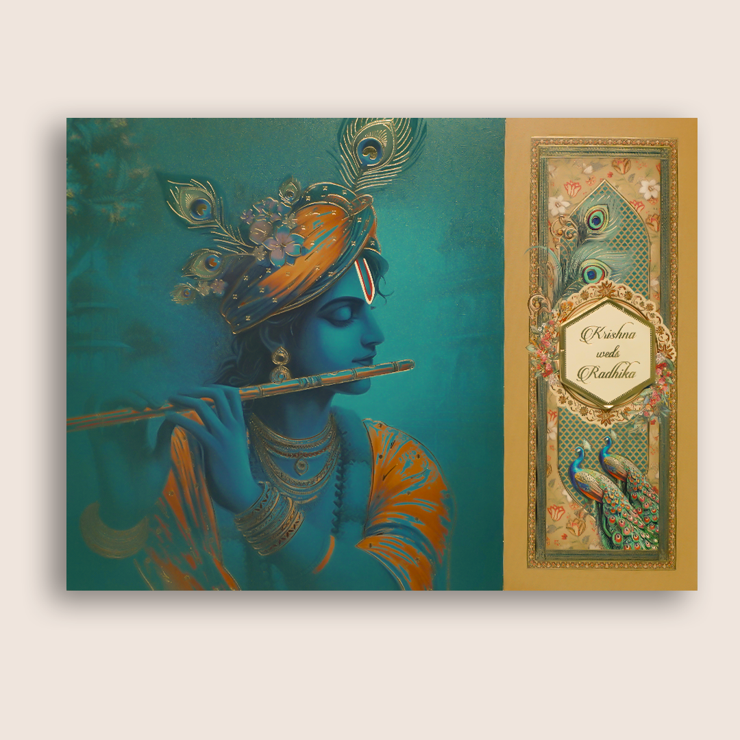 Blue Lord Krishna Door Style Wedding Card - KAA05430