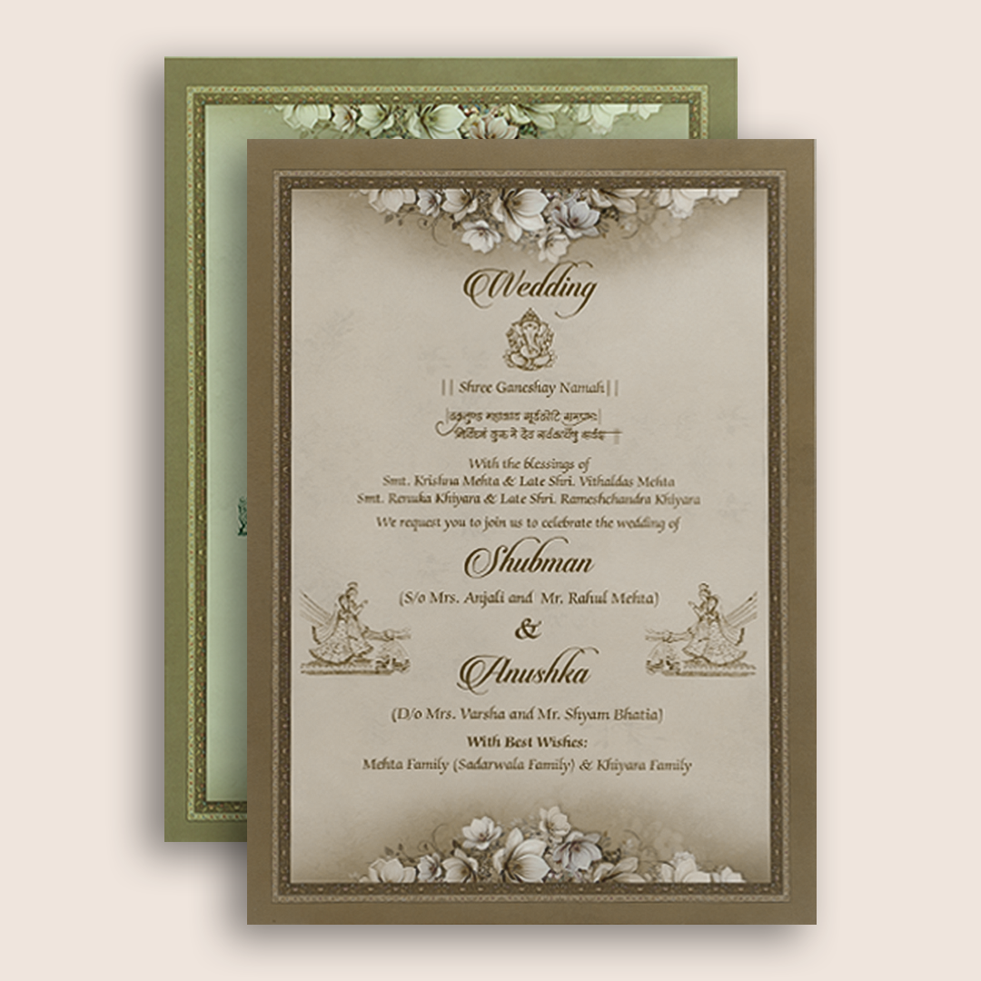 Olive Green Floral Padded Door Style Wedding Card - KRB10660