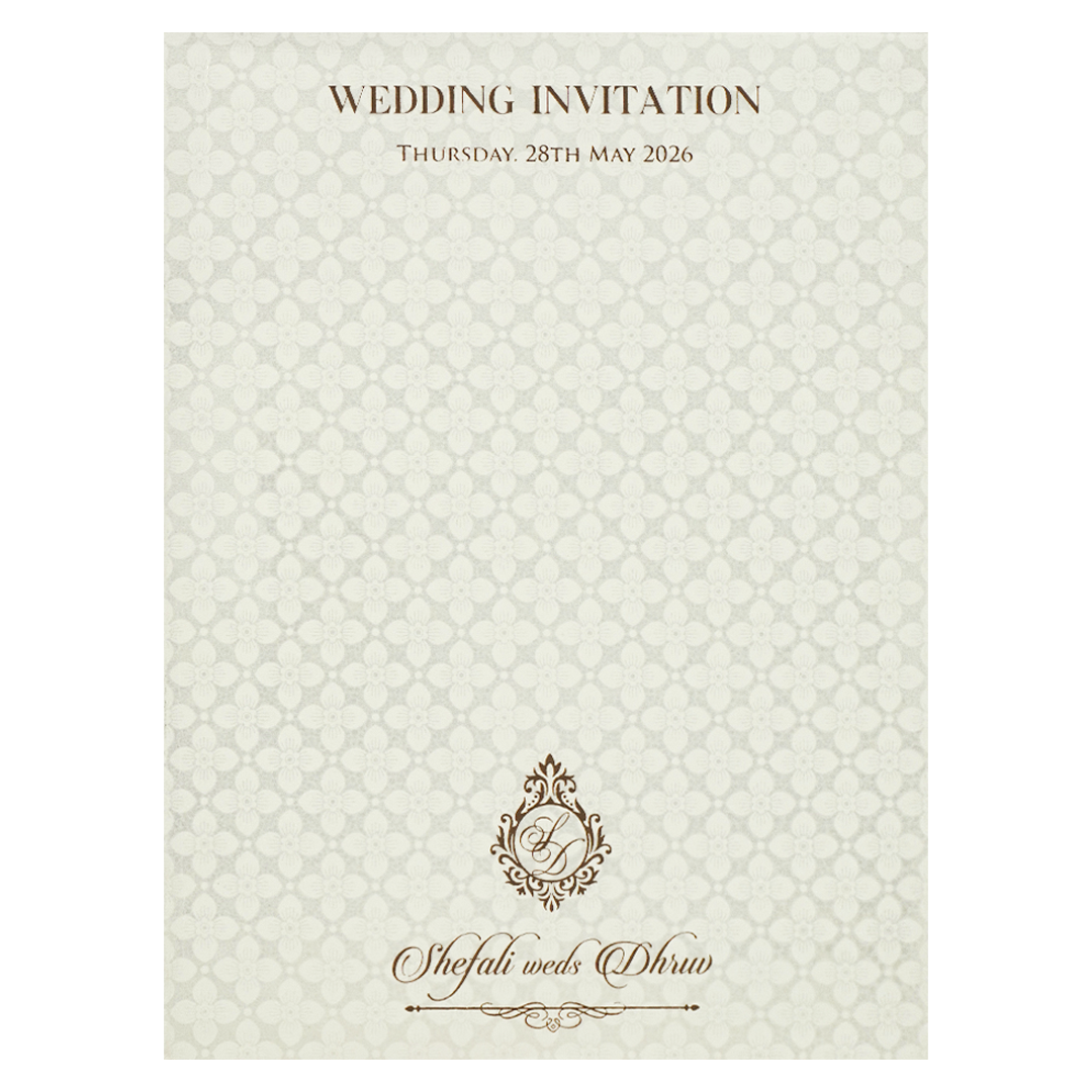 White Embossed Wooden Medallion Wedding Card-KRE28460