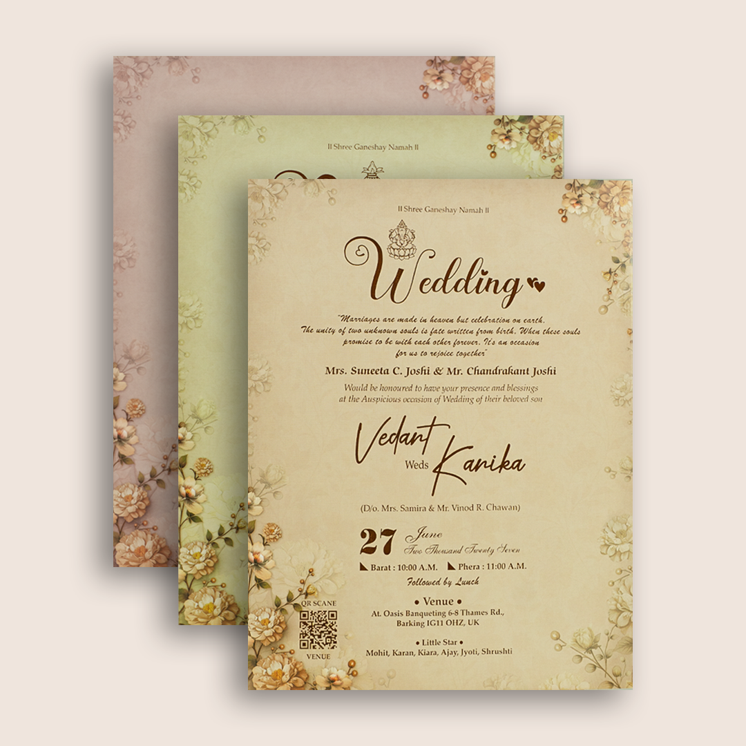 Pastel Brown Floral Door Style Padded Wedding Card - KSH18900