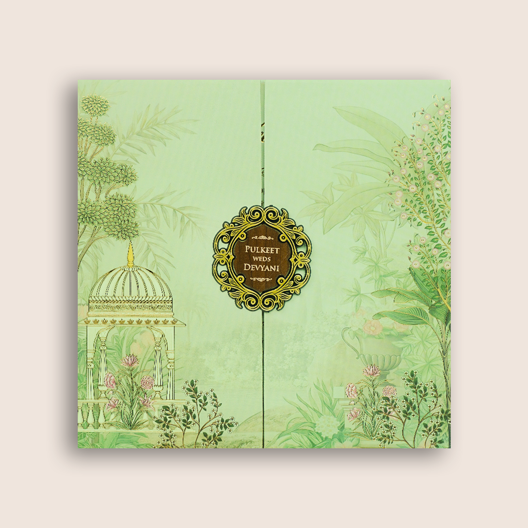 Pastel Green Jharokha Padded Door Style Wedding Card - KJTS1817