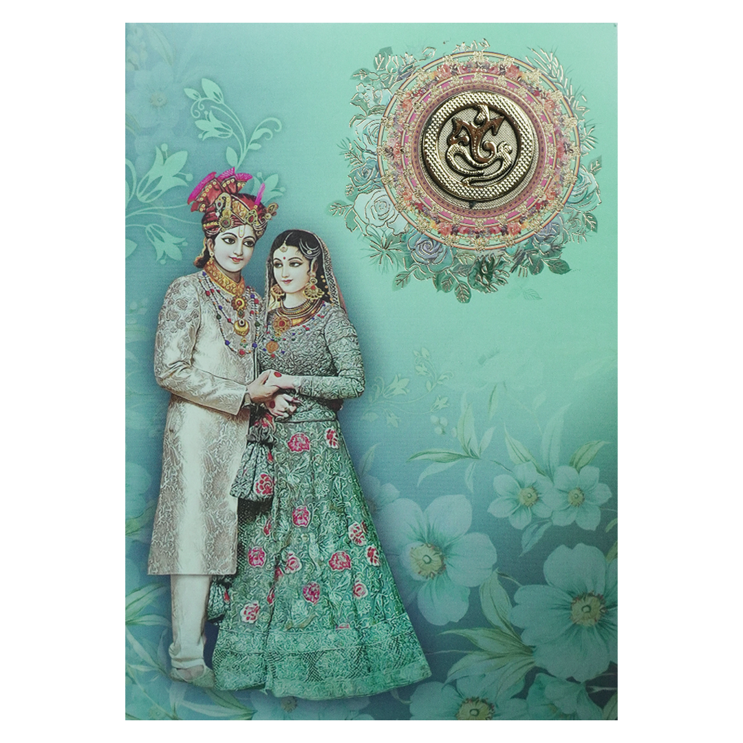 Green Floral Bride Groom Padded Invitation Card-KNEP1601