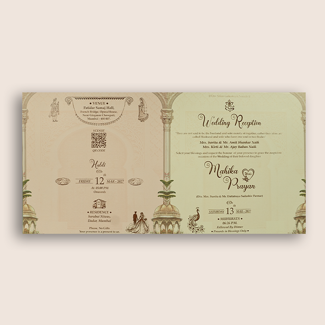 Cream Floral Padded Door Style Invitation Card - KSH73500