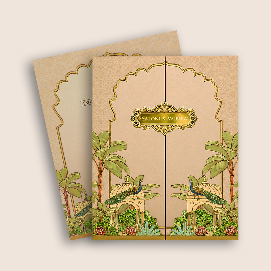 Pink Peacock Door Style Wedding Card - KPR07210