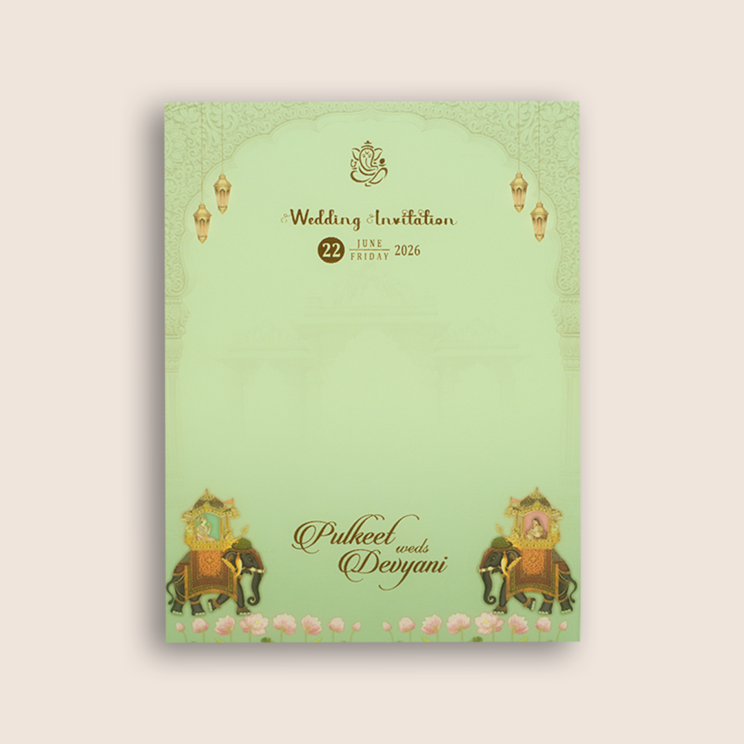 Pale Green Elephant Padded Door Style Wedding Card - KJTS1834