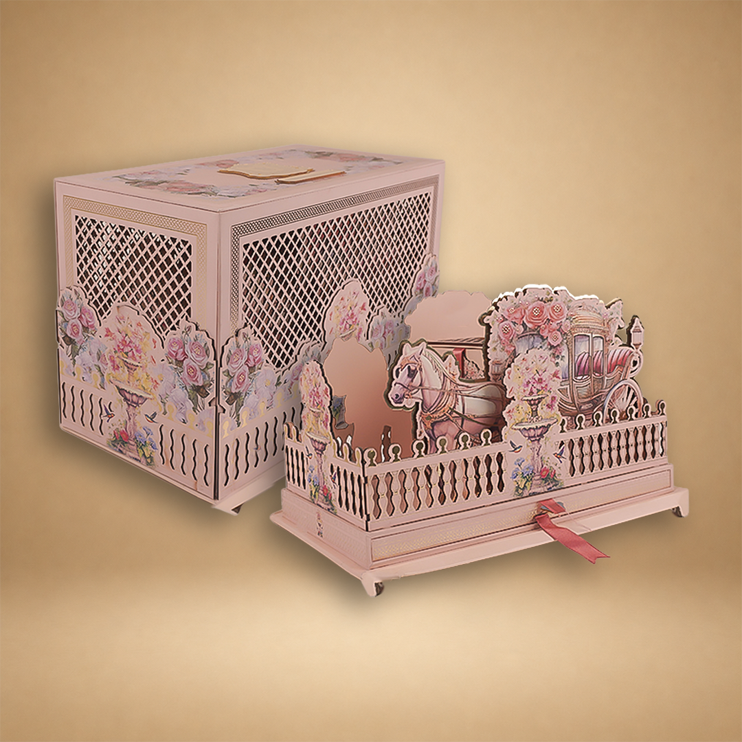 Peach Premium Floral Laser-Cut Luxury Invitation Box - KNLW20245