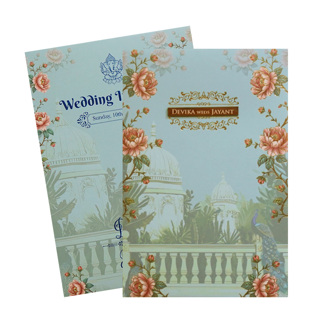 Mint Blue Padded Palace Peacock Wedding Card- KVN07380