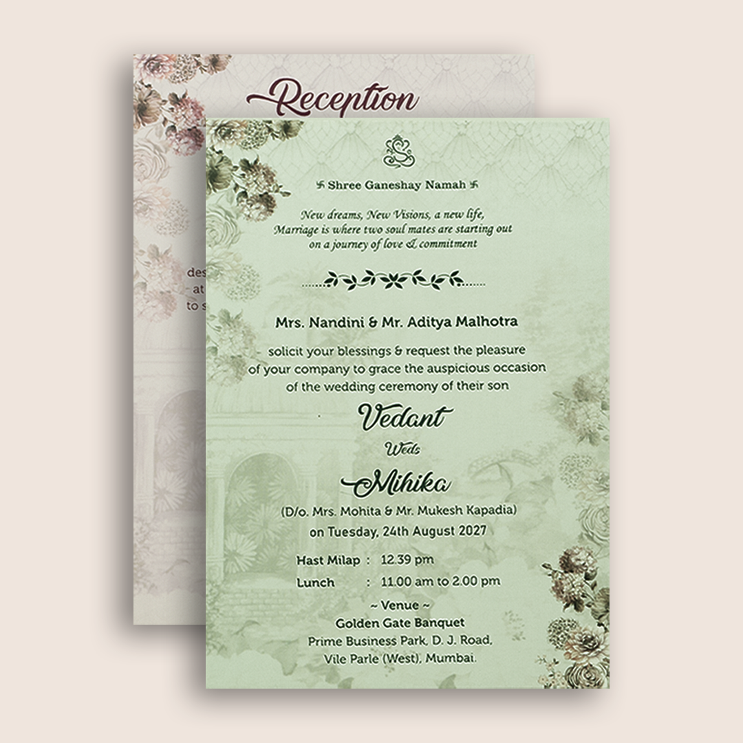 Lavender Floral Padded Door Style Wedding Card - KVN07060