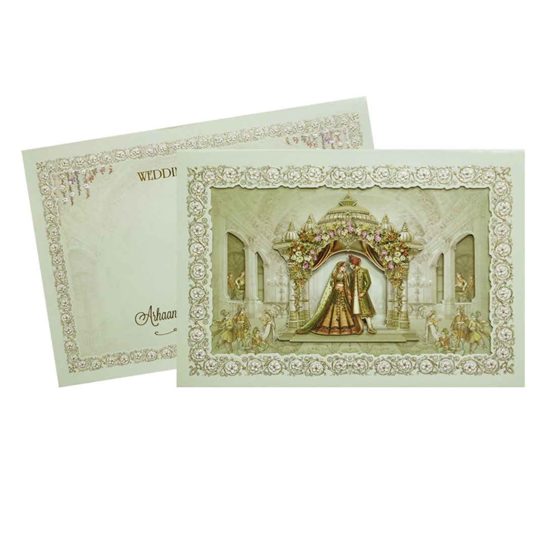 Green Gold Royal Palace Bride & Groom Padded Wedding Card - KMMEX8080