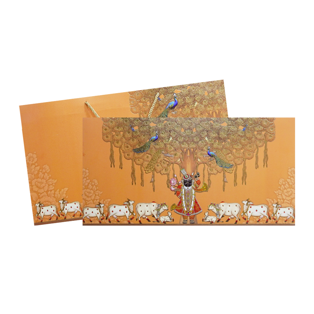 Orange Shrinathji Peacock Wedding Invitation Card-KPR24640
