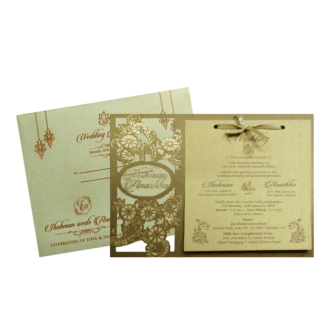 Elegant Gold MDF Laser Cutout Wedding Invitation Card-KRB09160