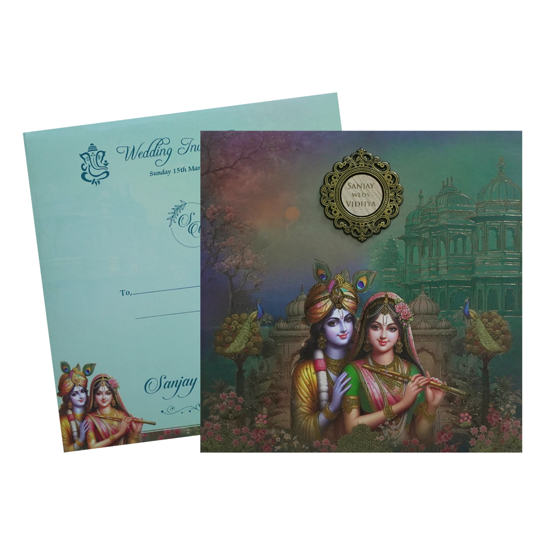 Green Radha Krishna Padded Wedding Card - KSH72750