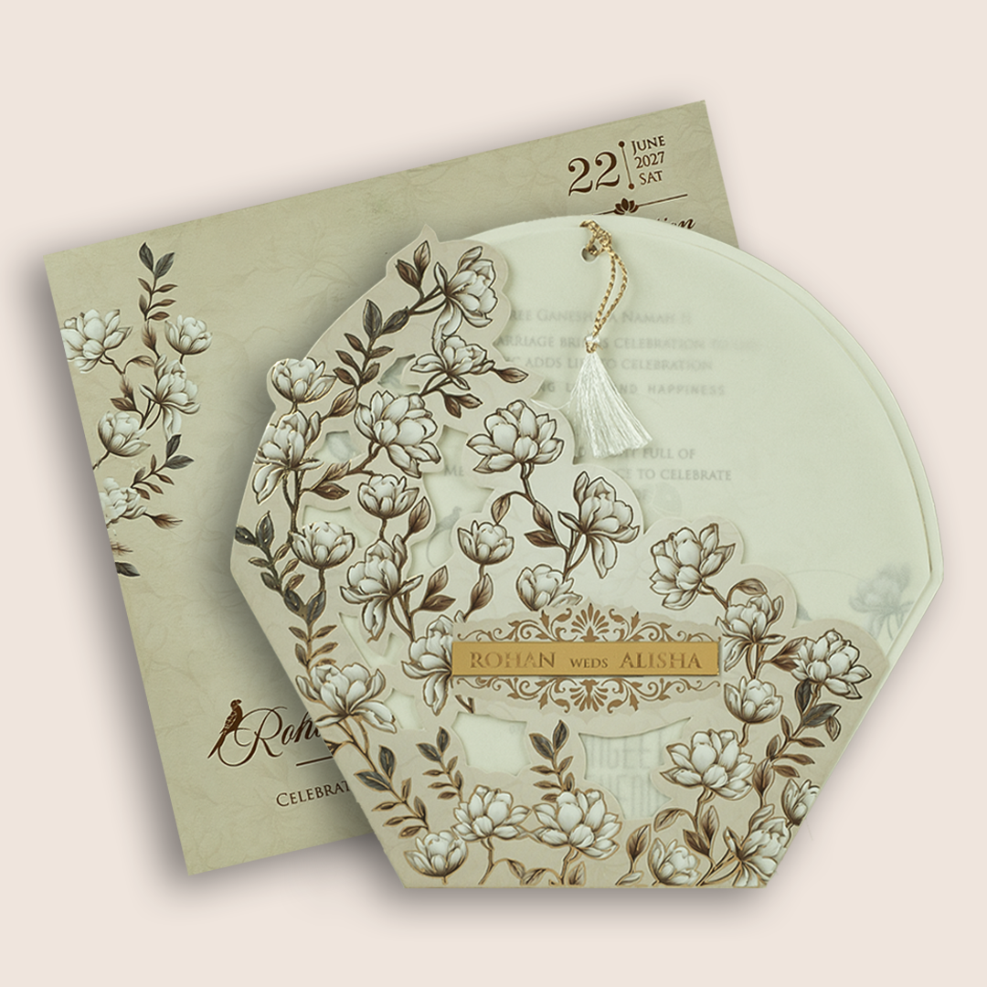 Cream Lilly Flower Laser Cut Marriage Card - KFR17250