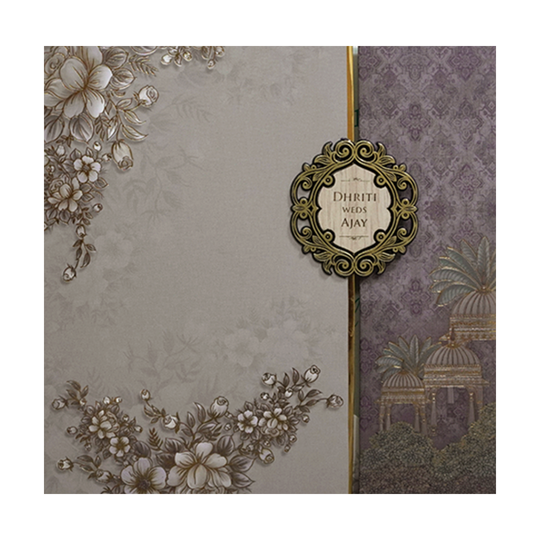 Grey Gold Floral Padded Wedding Card - KSH72980