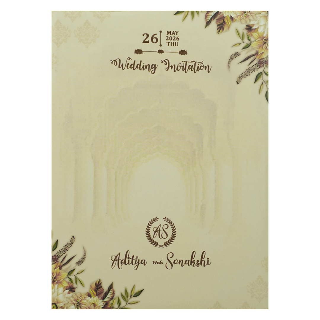 Cream Floral Palace Arch Padded Wedding Card-KRE26540