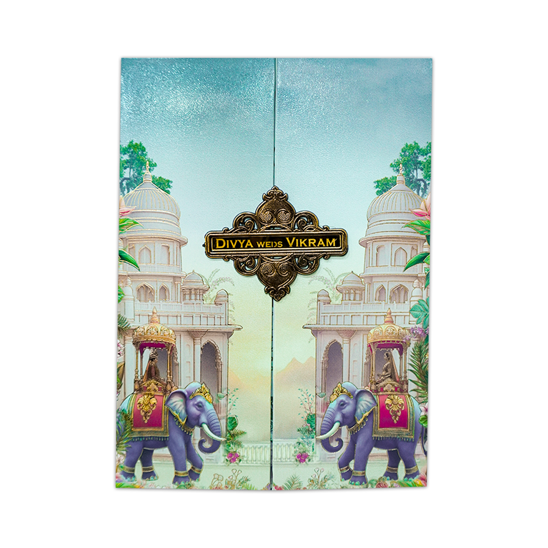 Royal Elephant Gatefold Padded Wedding Card-KNPS8605C