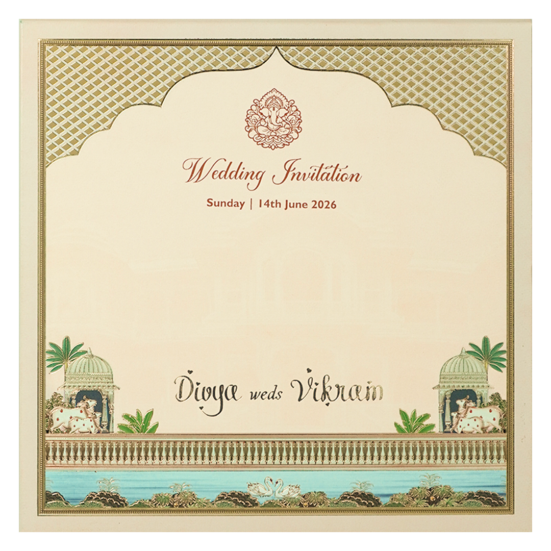 Navy Blue Kamadhenu Cow Padded Wedding Card-KNAM4901