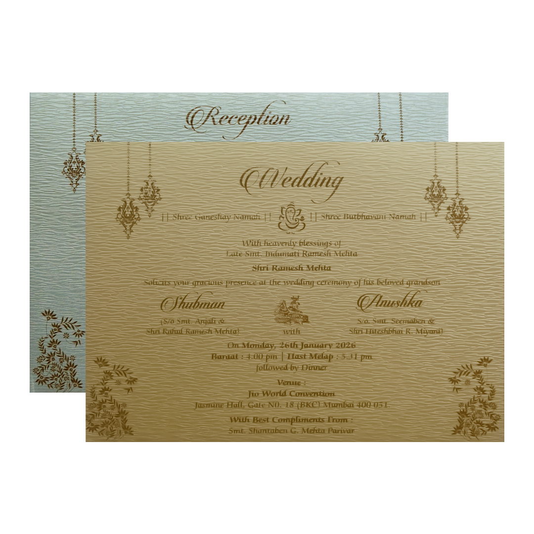 Light Grey Padded Door Style Embossed Gold Foil Wedding Invitation Card-KRB09760
