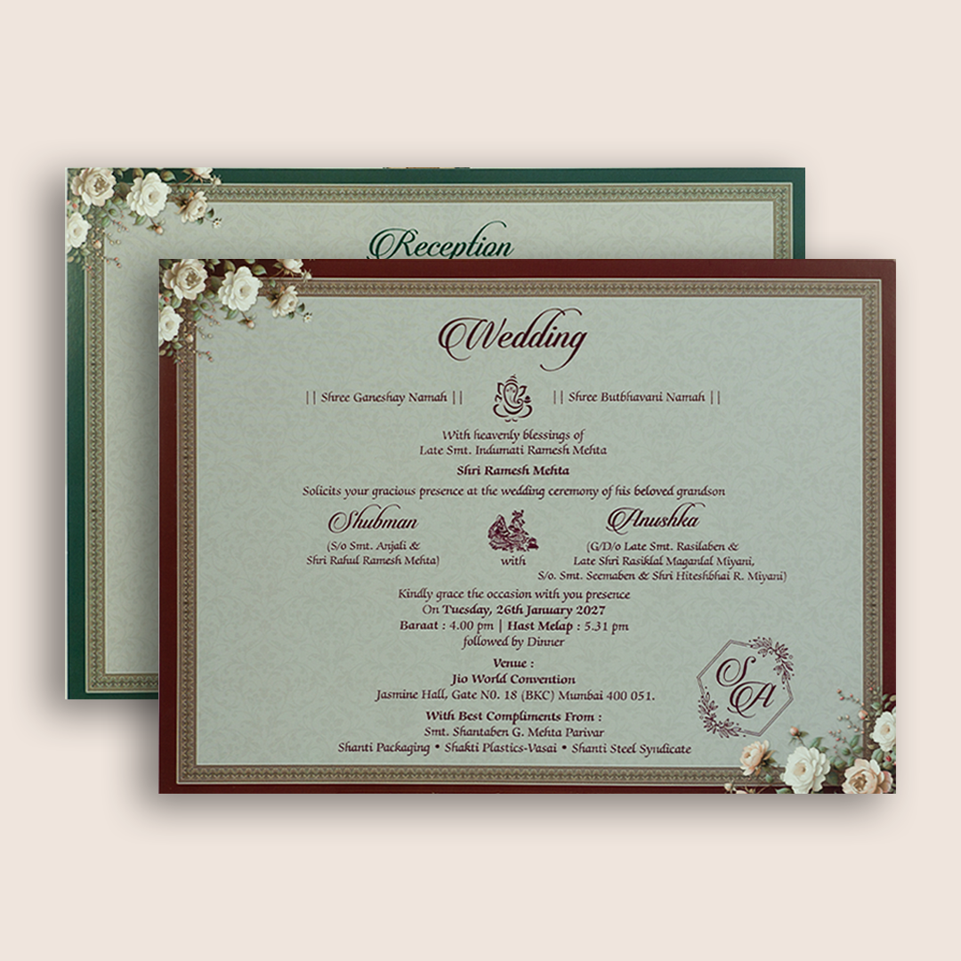 Green Floral Padded Door Style Wedding Invitation - KRB10650
