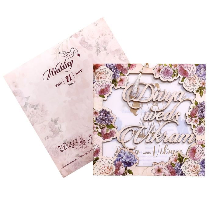 Peach Floral MDF Laser Cut Wedding Card-King of Cards