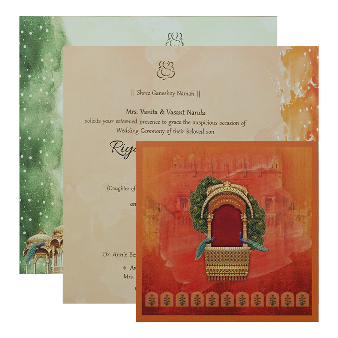 Orange Padded Peacock Palace Wedding Card-KRC31490