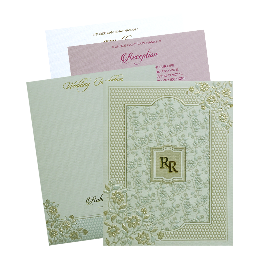 Beige Grey Floral Embossed Classic Wedding Card - KMMWD1109